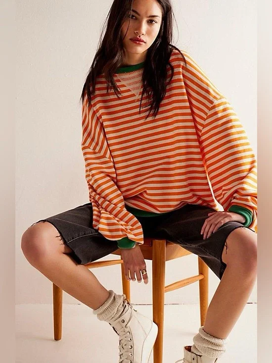 Free People Orange and Cream Striped Crewneck Sweater with Green Trim - Picture 2 of 3